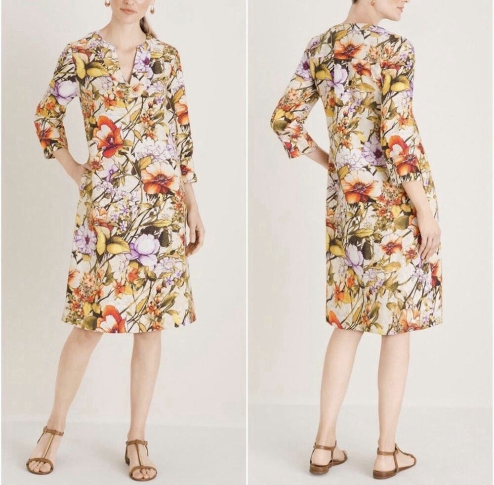 Chico’s Women’s 100% Linen Floral Shift Dress Multi Color Size 1, 8/10